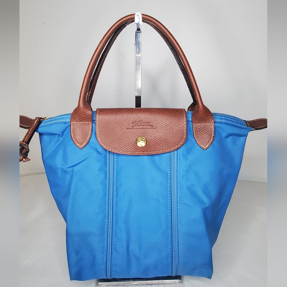 LONGCHAMP Stylish "Le Pliage"Small Expandable Top Handle Blue and Green Tote Bag - Picture 3 of 16